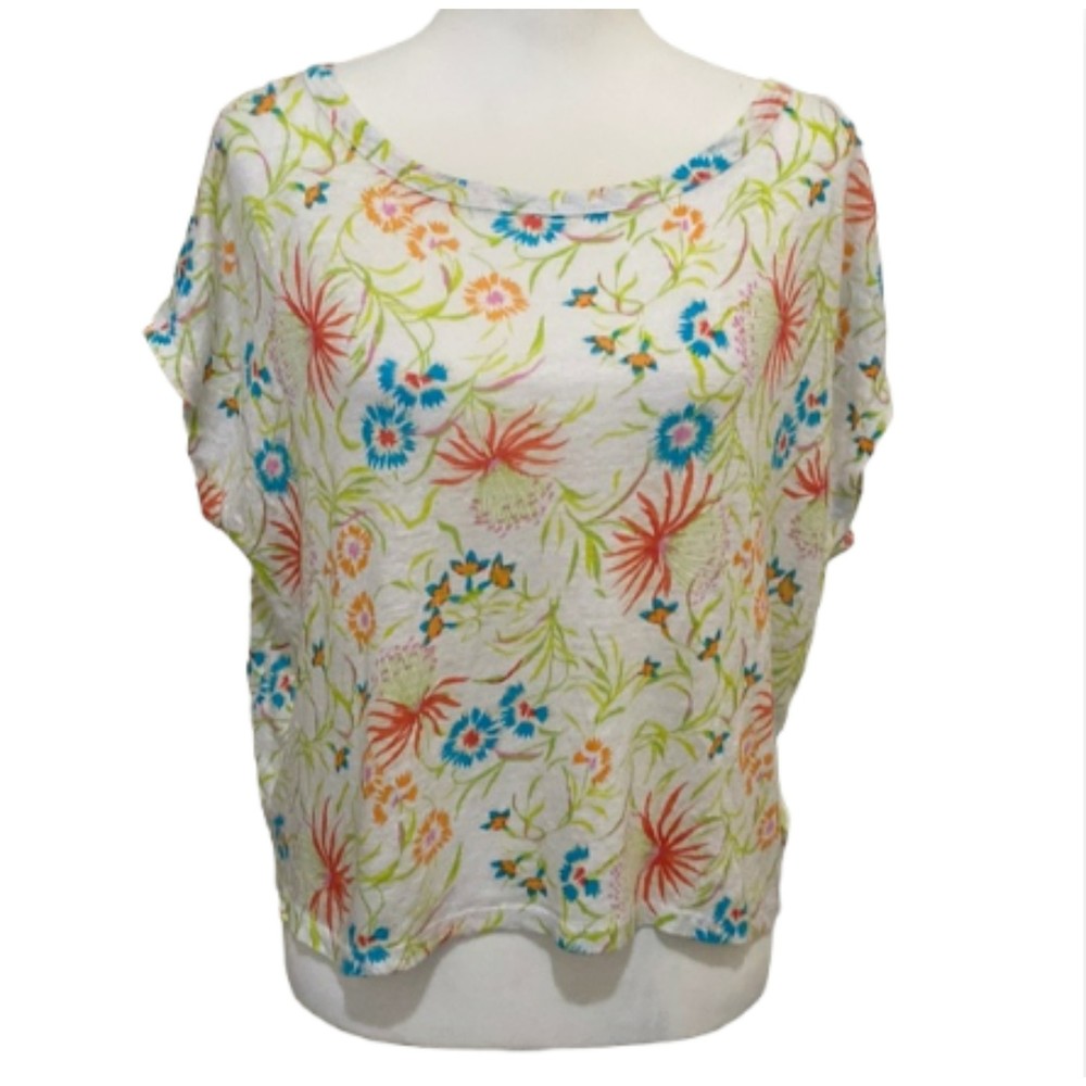 Joie Womens Floral Tropical Cropped Cap Sleeve Linen Top Size Large Scoop Neck